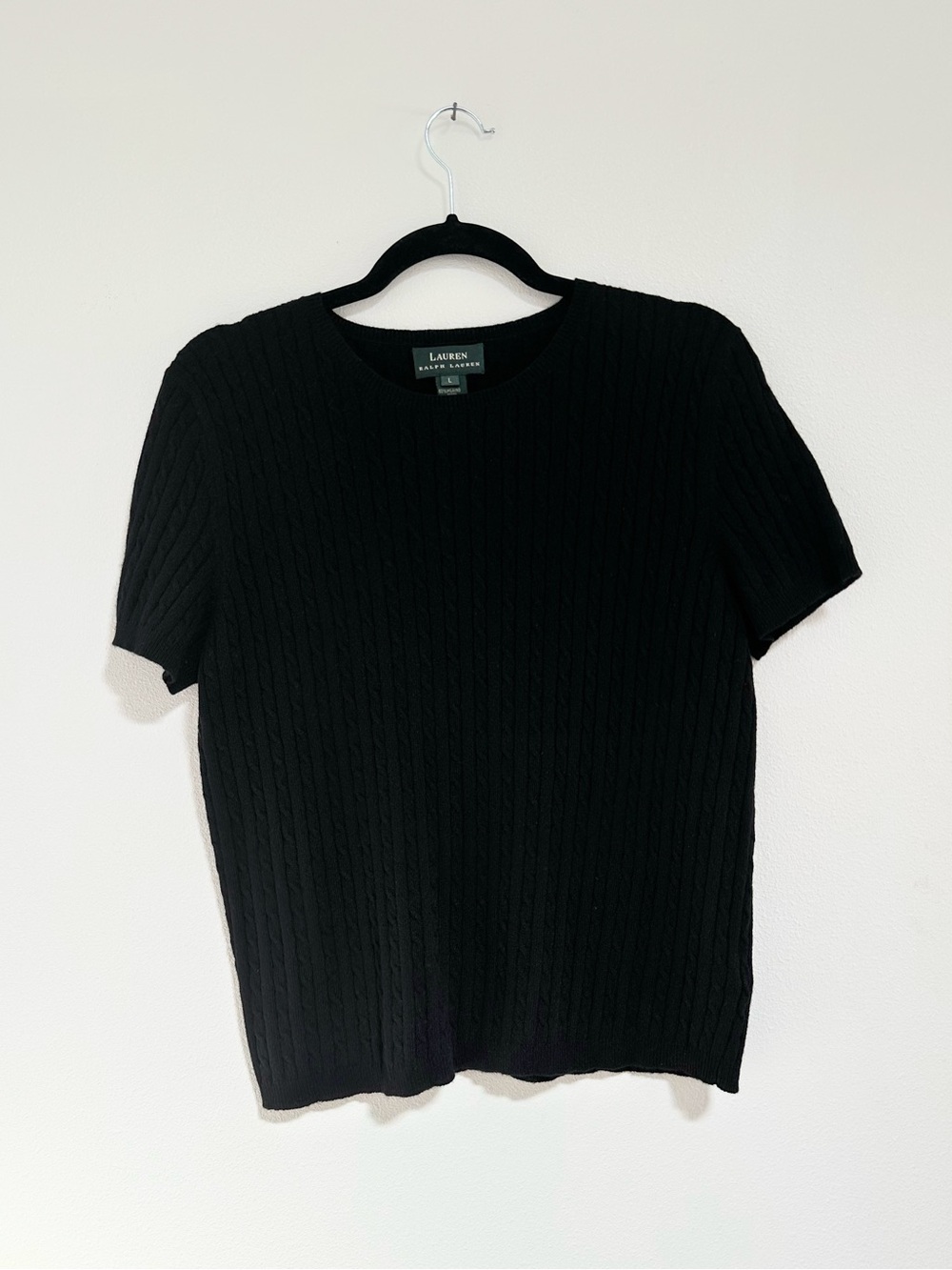 Lauren Ralph Lauren Women L Black Merino Angora Cable Knit Short Sleeve Sweater